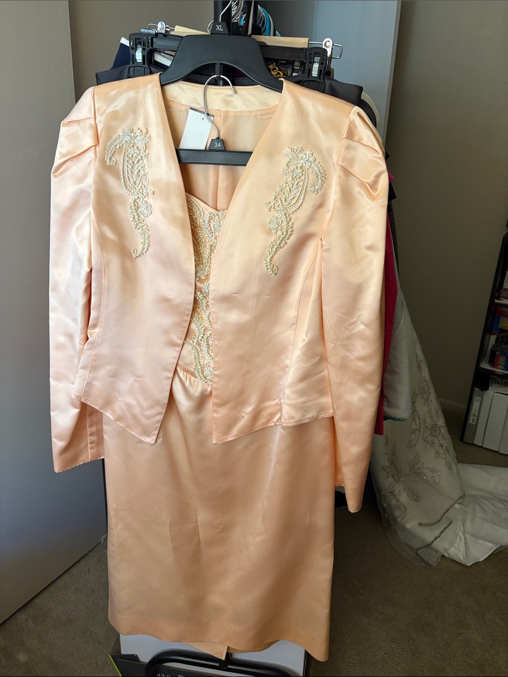 Vintage Women’s Formal Peach Satin Dress and Jacket Set